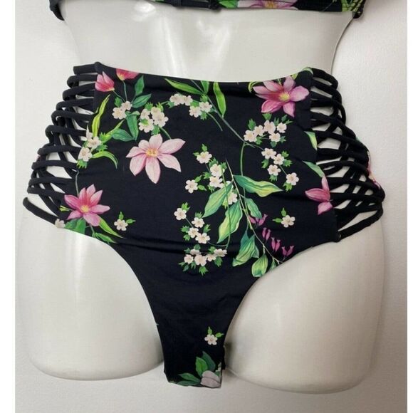 TiNi BiKiNi Black floral flounce high waisted 2 piece Xlarge bikini - Picture 7 of 16